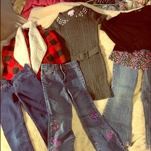 Girls jeans,shirt,  sweater dress and plaid vest